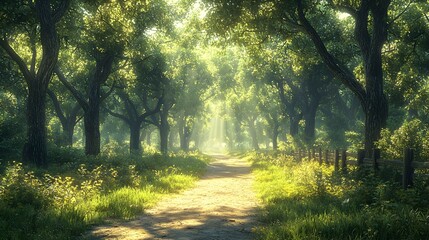 Obraz premium Photorealistic View of a Forest Pathway Illuminated by Sunlight Breaking Through Trees