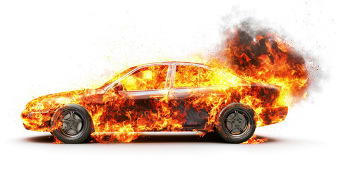 Car engulfed in flames on a dark background