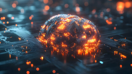 A radiant orange neural brain surrounded by golden sparks, symbolizing technological breakthroughs and neural advancements.