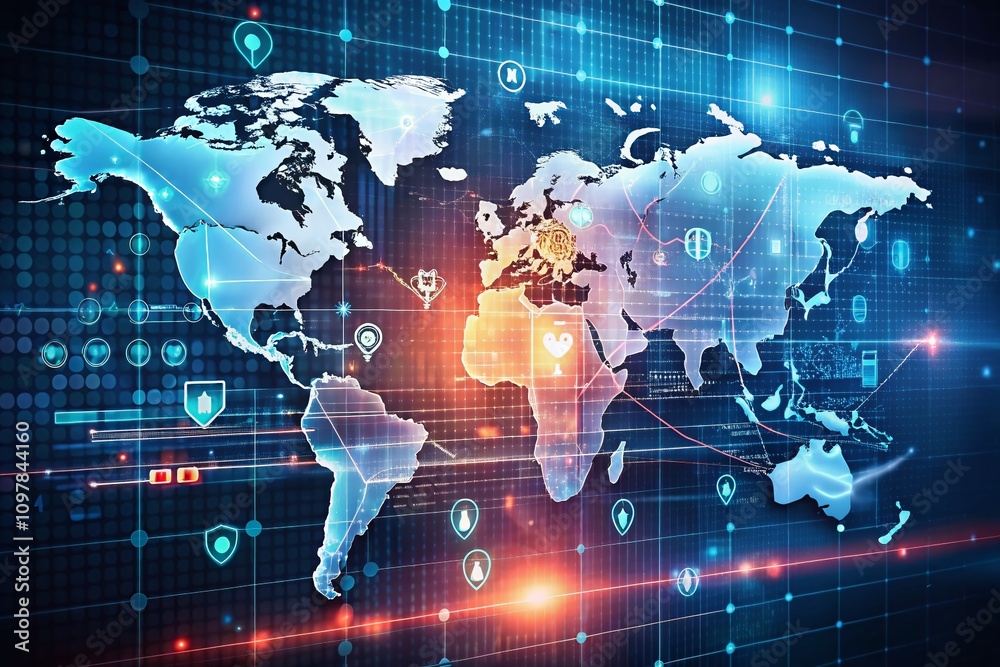 Poster digital business security concept with north america map background featuring key numbers and data e
