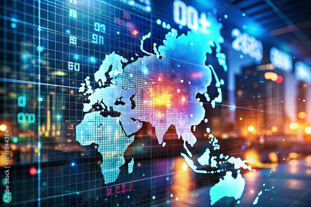 Poster digital security and technology concept with bokeh effect overlaying a korea map featuring numeric c