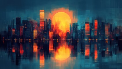 Cityscape with Sunset Reflection