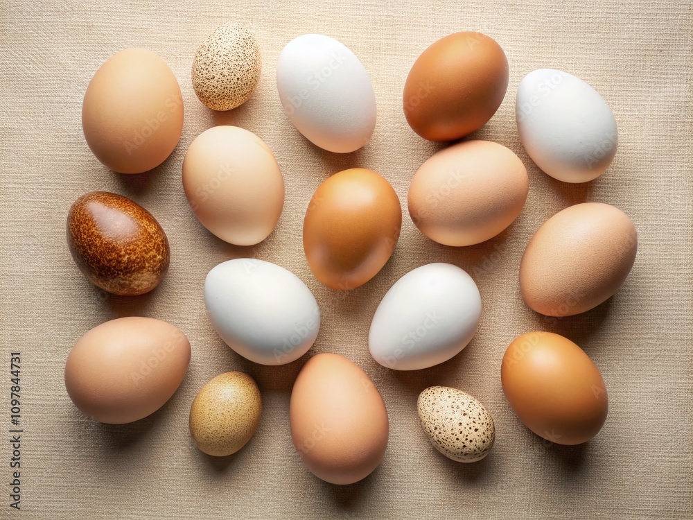 Poster diverse and unique egg shapes displayed on a soft background with ample copy space for creative use 