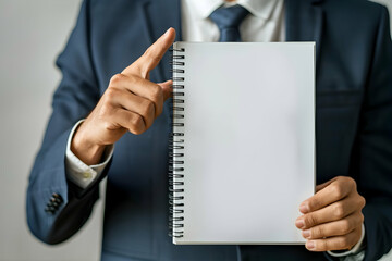 Obraz premium selective focus of smiling businessman pointing at blank notebook at workplace isolated on white