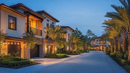 Naklejka premium Luxury Mediterranean-style homes at dusk.