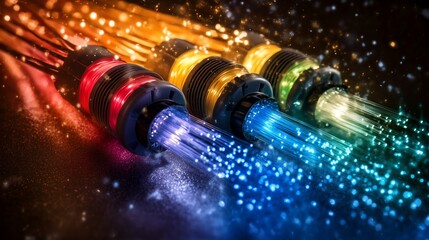 Colorful fiber optic cables glowing brightly, emitting light streams.