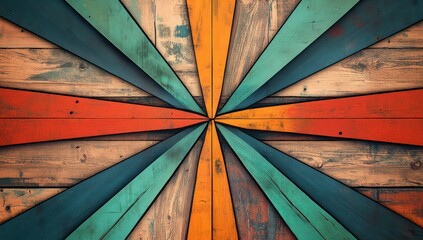 Rustic Wood Panel With Colorful Radial Pattern