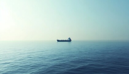 Fototapeta premium A solitary cargo ship floats on calm waters under a hazy sky.
