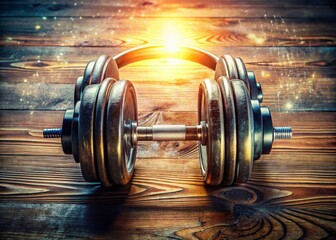 Double Exposure Photography of a Dumbbell Set with Headphones on a Wooden Floor Capturing the Essence of Fitness and Music in a Vibrant Artistic Fusion