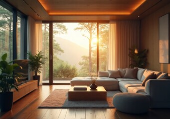 Fototapeta premium Cozy living room with modern decor and sunset view in natural setting.