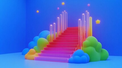 Obraz premium Radiant Staircase to Growth in a Glowing Sky - 3D Rendered Image