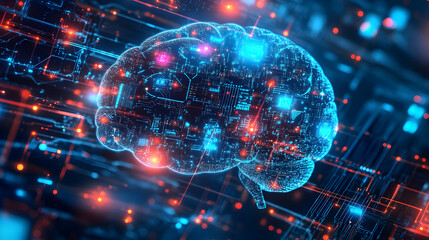 Fototapeta premium A detailed glowing blue brain with intricate circuits and radiant light rays, symbolizing advanced AI computations and data flows.