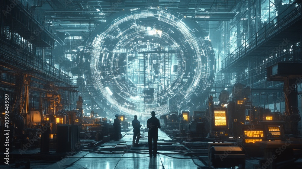 Poster a futuristic scene with a large glowing orb in the center