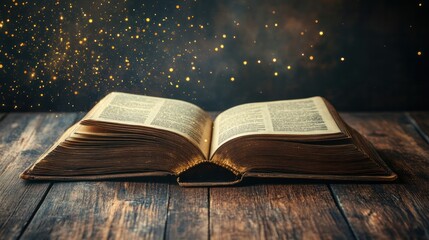 Obraz premium An old leather-bound book resting open on a wooden table, with a delicate glitter overlay shimmering across the pages,