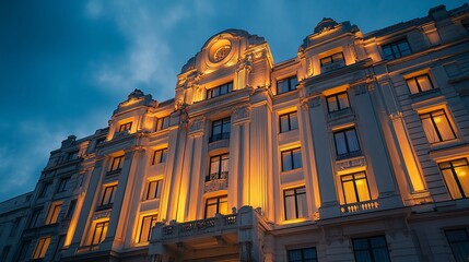 Illuminated classic building at dusk.