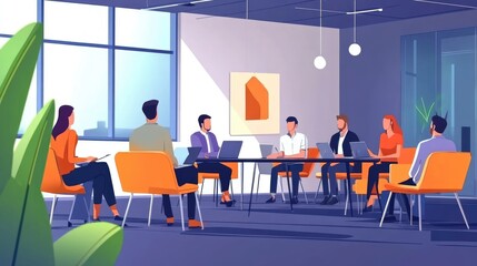 Obraz premium Dynamic Modern Office Meeting Scene with Diverse Business Professionals Brainstorming Innovative Ideas, Collaborative and Professional Environment