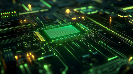 A glowing green microchip on a futuristic circuit board, emphasizing high-tech design and advanced computing.