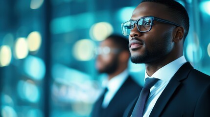 business strategy leadership scalability Concept.A professional man in a suit and glasses stands confidently, with a blurred figure behind him, set against a modern, illuminated urban backdrop.