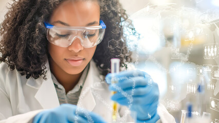 A futuristic scientific research scene with a researcher analyzing liquid samples