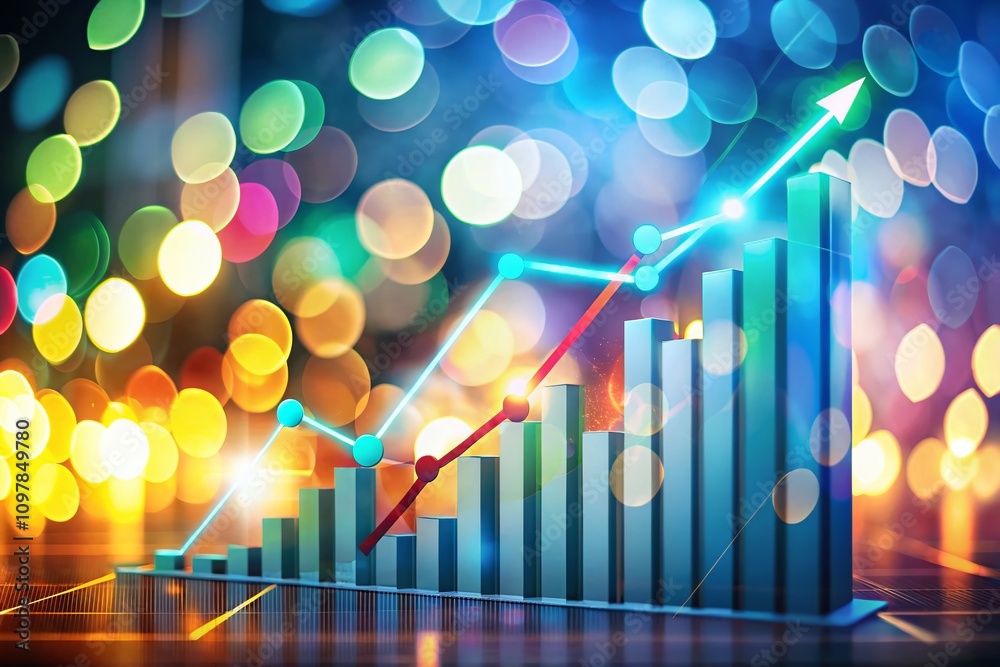 Poster dynamic graph changes with rising lines and bar chart illustrating growth trends in business analyti
