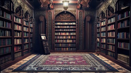 Elegant Islamic Study Room with Dark Wood Bookshelves