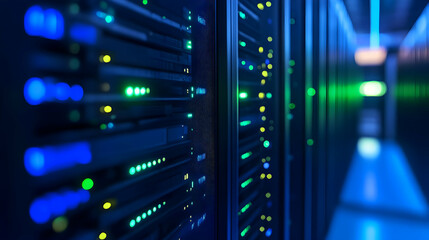 Naklejka premium A row of glowing server racks with blinking lights, showcasing advanced data storage and high-performance computing.