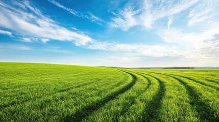 Fototapeta premium a green field leading into the distance and a vast blue sky creating a tranquil outdoor