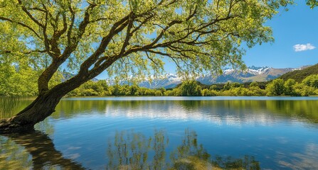 Weeping willow tree over calm lake reflecting mountains.