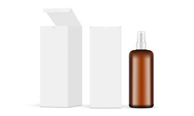 Rectangular Boxes With Tall Amber Spray Bottle, Front And Side View, Opened And Closed Lid. Vector Illustration