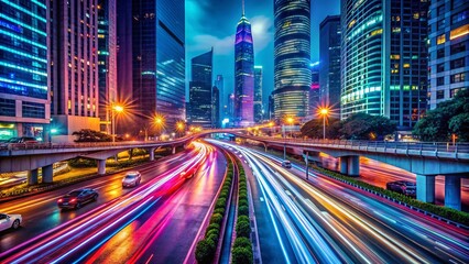 Fototapeta premium Dynamic Urban Exploration: Fast Cars Racing Along a Neon-Lit Highway at Night, Capturing the Energy and Motion of City Life in a Vibrant, Fast-Paced Environment