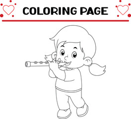 cute girl is learning flute instrument coloring page for kids
