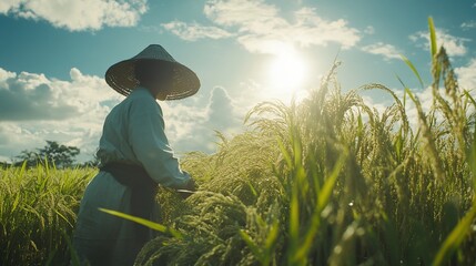 Fototapeta premium Farmer harvesting rice in a paddy field at sunset.