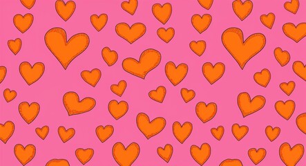 Orange Heart pattern hand drawn design on Pink background illustration