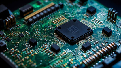 Macro Closeup of Green Circuit Board with Microchip and Processor Components