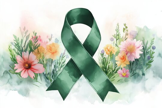 A watercolor illustration of a green awareness ribbon symbolizing mental health, surrounded by soft floral elements in pink, yellow, and purple tones, conveying hope and support
