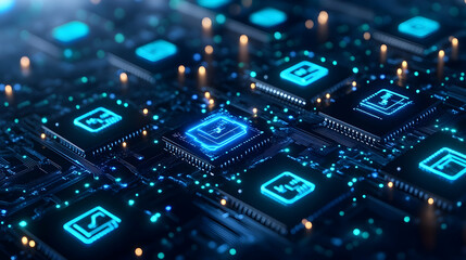 Obraz premium A glowing grid of advanced microchips illuminated in blue, showcasing futuristic data processing and connectivity.