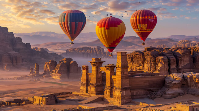 Hot Air Balloon Festival over Mada'in Saleh (Hegra) ancient site, Al Ula, Saudi Arabia, Mar 18, 2020.