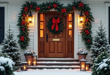 Christmas decorations at the front door with wreath, lights, and snow for festive holiday spirit