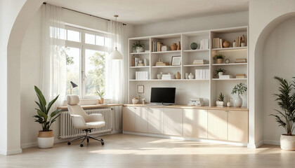 Fototapeta premium Minimalist study room with modern design, integrated bookshelves, and natural light.