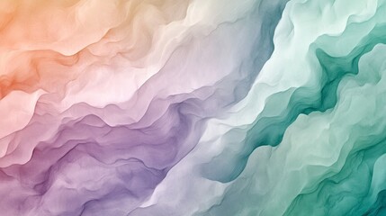 Obraz premium Abstract flowing shapes in soft lavender, mint green, and peach tones, layered with a subtle grainy effect for a serene banner design