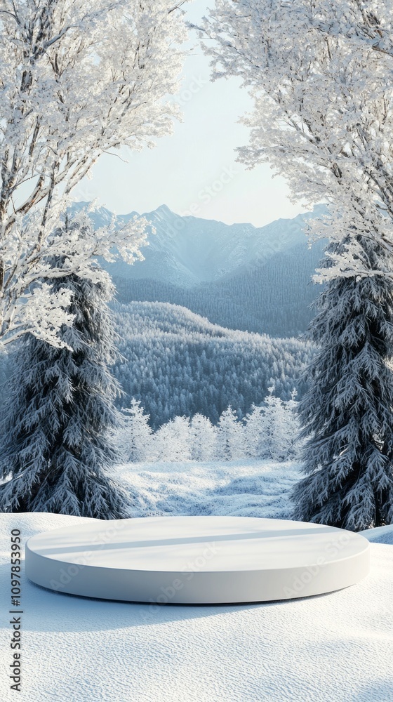Poster a snow-covered mountain range with a white pine tree in the foreground