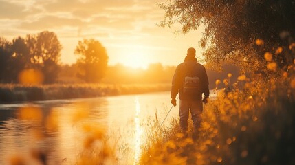 Fototapeta premium Solitary fisherman silhouetted at sunrise by riverbank.