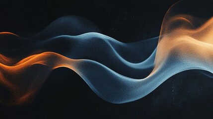Abstract gradient featuring flowing blue and orange waves over a dark black background with subtle grainy textures, ideal for banners or covers