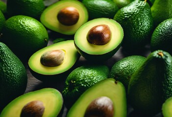 Fresh avocados arranged on a dark surface showcasing their green skin and creamy insides with visible pits