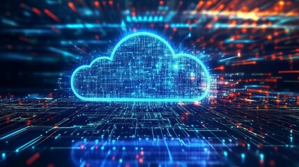 Obraz premium Digital cloud icon glowing with vibrant blue hues and network lines, representing the concept of cloud computing, big data, and advanced AI. The image portrays seamless digital integration.. AI