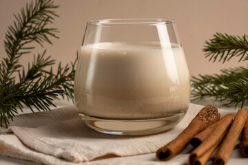 Traditional Christmas drink Eggnog with cinnamon on white table. Hot beverage for winter holidays.