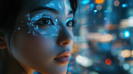 a woman with an augmented reality eye panel that showcases vibrant holographic images.