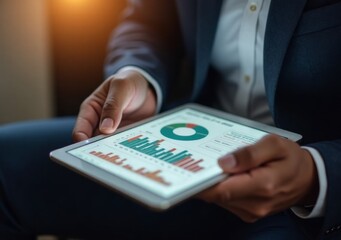 Fototapeta premium Business professional analyzes data on tablet in a modern setting.