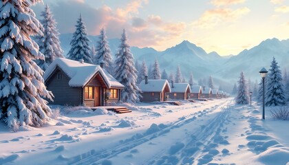 Fototapeta premium Cozy Wooden Cabins in a Snowy Sunrise Landscape