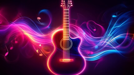 Obraz premium Acoustic Guitar Illuminated By Vibrant Colorful Music Waves